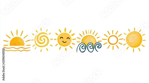 Seamless set of hand drawn yellow sun icons featuring various designs including smiling sun, waves, and sunburst patterns on a white background