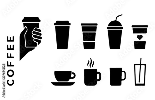 Coffee cup icons and cafe beverage silhouette vector set.