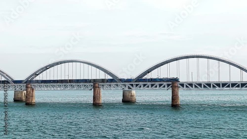 An Indian Railways train crossing the Godavari arch bridge in Rajahmundry, India in June 2026