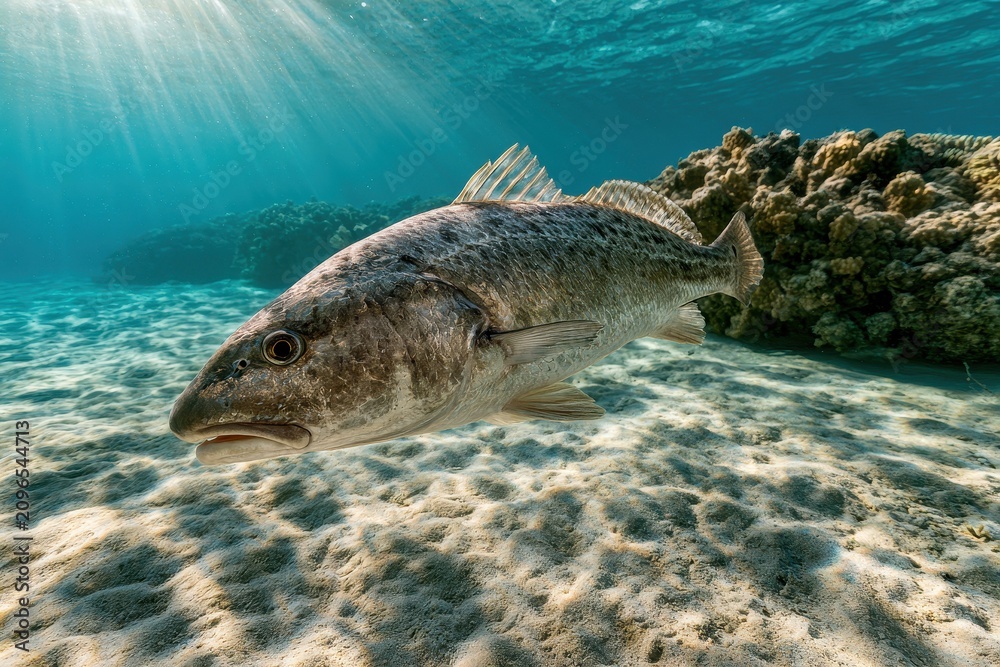 Fototapeta premium Croaker fish gliding through clear tropical waters with coral and sandy seabed