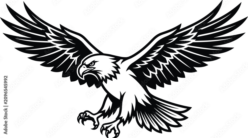Fototapeta premium Majestic Eagle with Spread Wings Black and White Vector Illustration for Logo and Tattoo Design