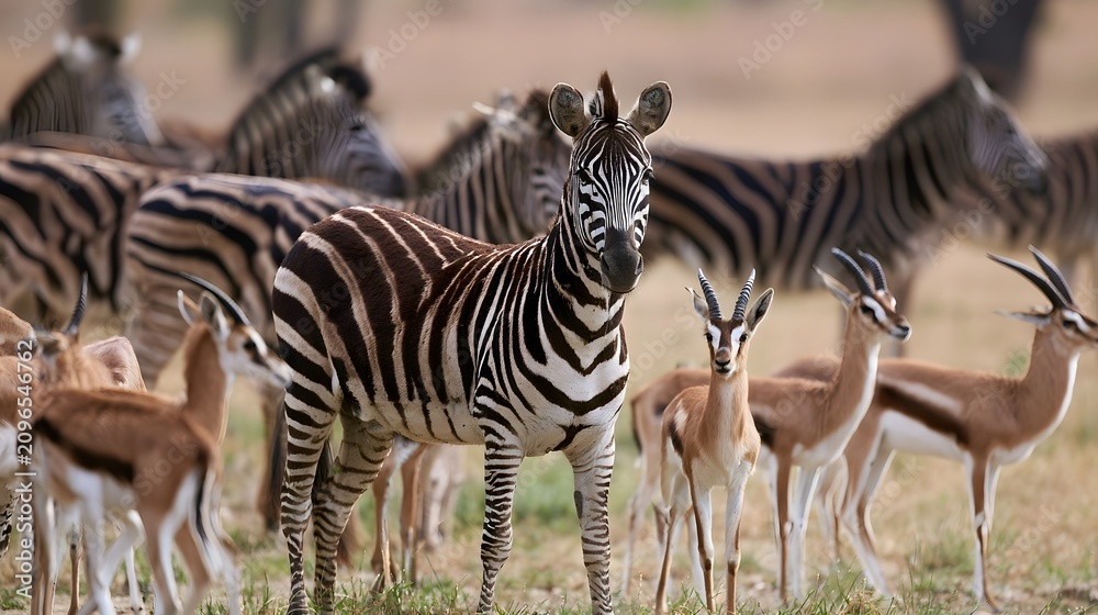 Obraz premium A zebra stands prominently among a group of gazelles and other zebras in an open grassy savanna environment