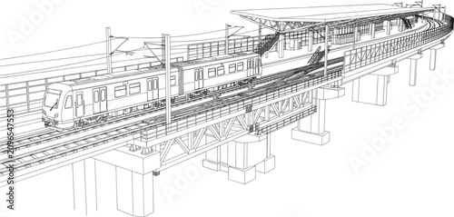 Foto Elevated metro train station line art vector illustration for public transit and