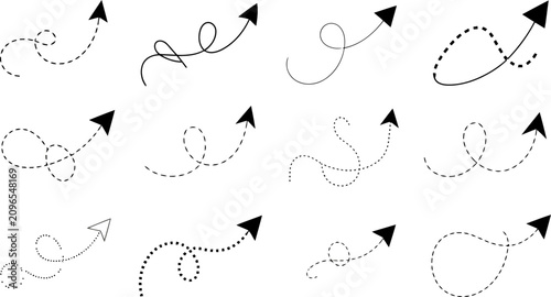Collection of curved and dotted line arrows in black and white vector illustration