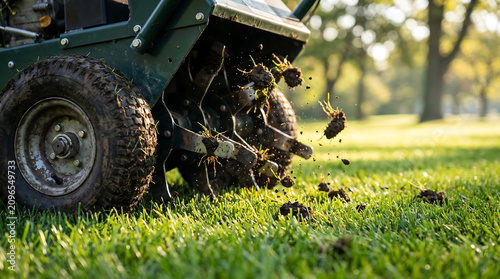 Lawn aerator machine working on a green grass garden with gardening equipment maintenance aeration landscape groundskeeping gardener agriculture planting