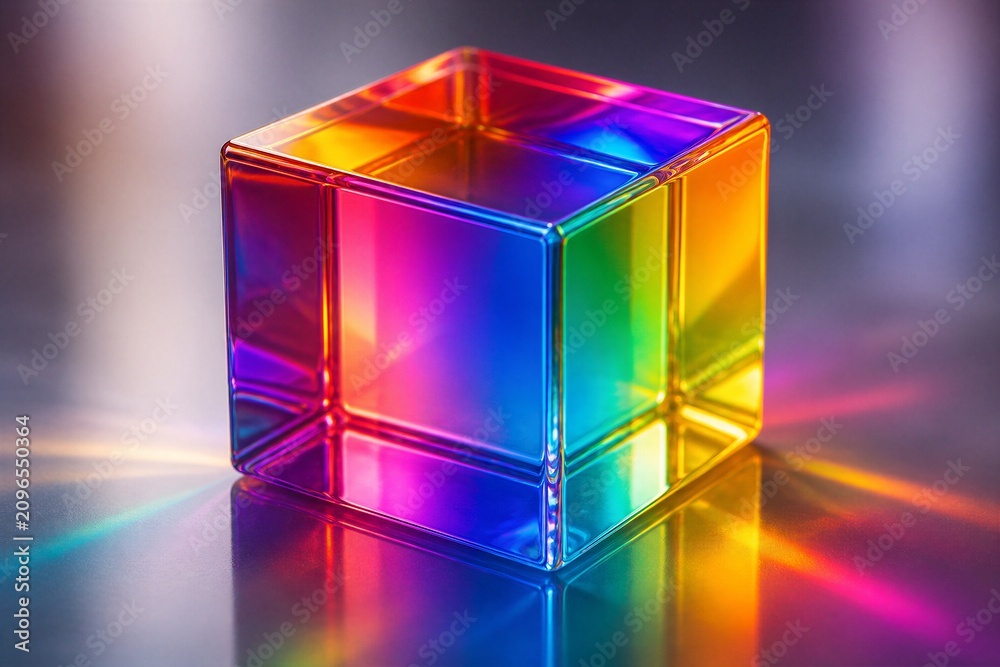 Obraz premium Colored glass cube emitting rainbow reflections on reflective surface