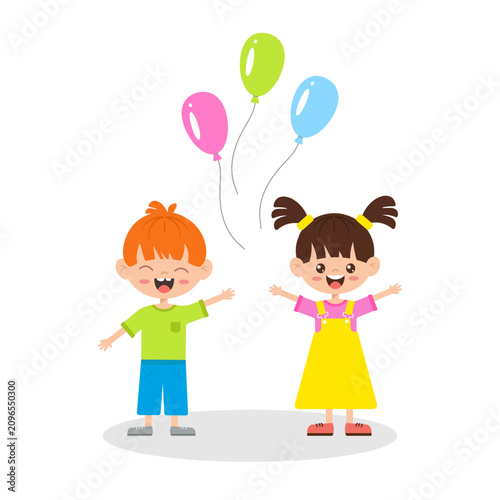Happy kids launching colorful balloons outdoors. Cute boy and girl enjoying a fun playtime activity, celebrating together with smiles. Flat vector illustration isolated on white.