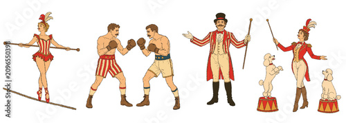 Cuadro en lienzo Vintage circus performer handdrawn collection featuring a graceful tightrope walker, classic boxing champions, charismatic ringmaster, and elegant dog trainer with performing poodles
