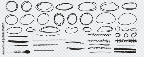 Hand drawn black pen collection showing round circle underline marks with doodle lines and strokes. Bundle of highlight text and scribble oval line. Vector set kit on like transparent png bg