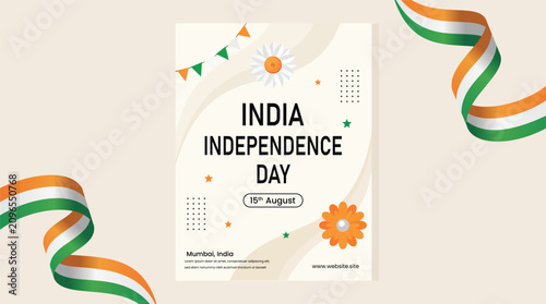 Konstfotografi India Independence Day Celebration: A vibrant graphic design commemorating India's Independence Day, featuring the Indian tricolor flag elements, festive garlands, and floral motifs