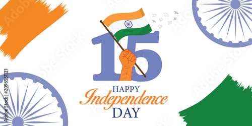 Tablou pe pânză Happy Independence Day India: A stylized graphic celebrates India's Independence Day with the numeral 15 prominently displayed, adorned with the Indian flag held aloft by a fist