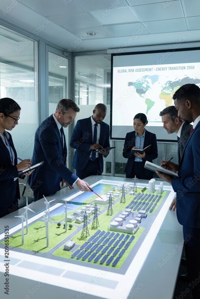 Obraz premium Business team analyzing renewable energy project model in boardroom