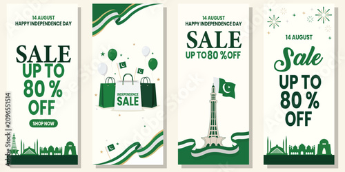 Independence Day Sale Promotion: A collection of four vertical posters advertising an 80% off sale for Independence Day, featuring Pakistani national symbols like flags, monuments, and shopping bags.