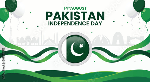 Photos Pakistan Independence Day Celebration: A vibrant illustration commemorating Pakistan's Independence Day on August 14th, featuring the national flag, iconic landmarks, and celebratory balloons