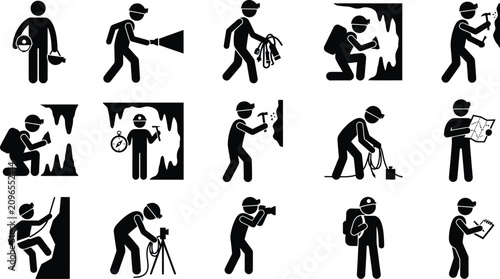 Quadro su tela Speleologist Stick Figures Black Silhouette Collection On White Background
