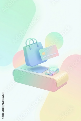 Shopping bag and credit card with payment terminal in pastel colors