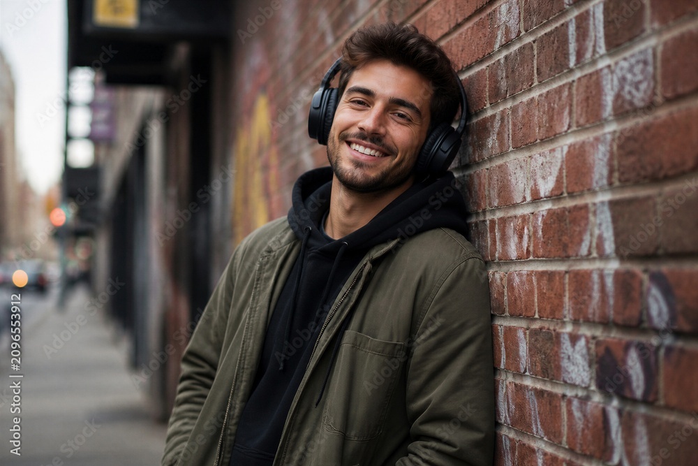 Obraz premium Young man listening to headphones leaning on brick wall street