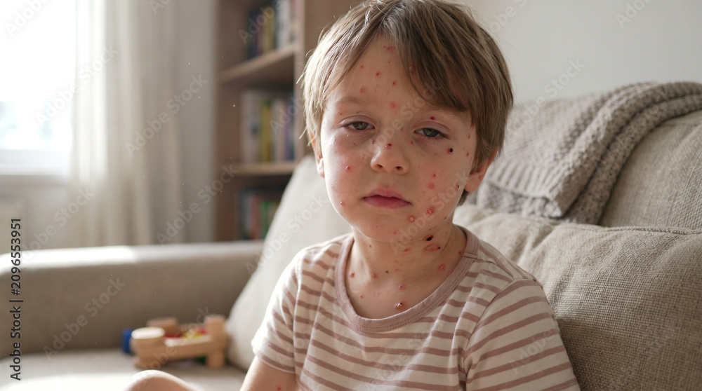 Fototapeta premium Young child with chickenpox showing scattered red papules and fluid blisters on face neck and chest, varicella viral skin disease pediatric concept
