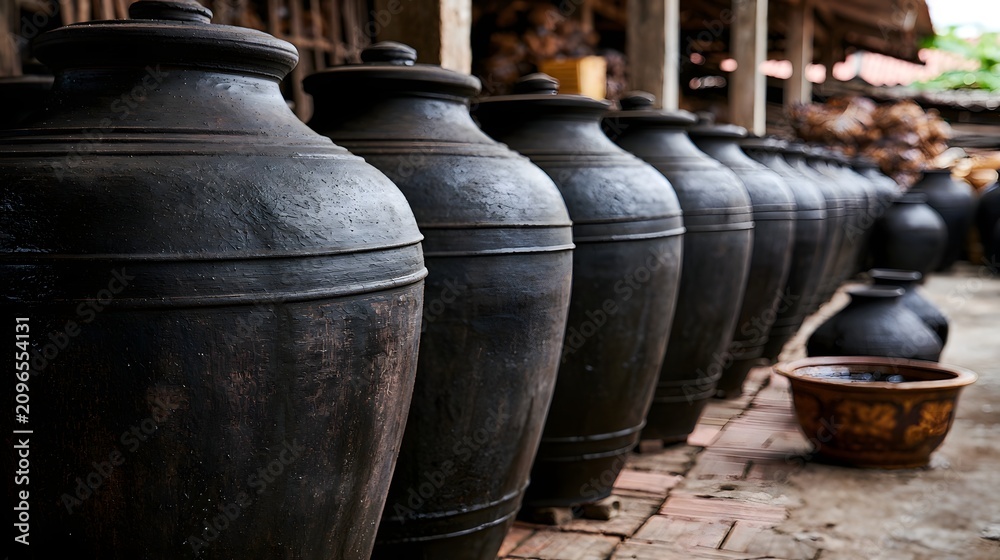 Fototapeta premium Rows of large dark ceramic jars lined up outdoors on a brick patio under wooden shelter one small decorative bowl nearby