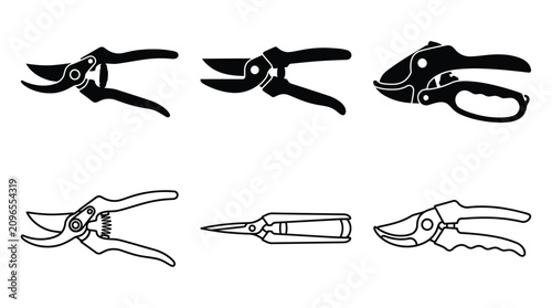 Bild auf Leinwand Assorted Pruning Shears And Scissors Black And White Silhouette