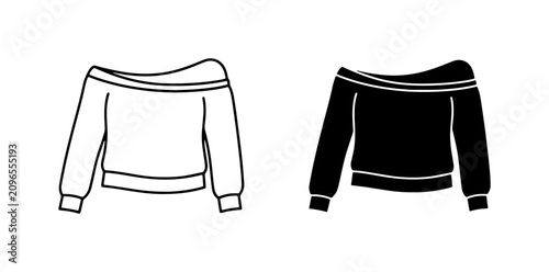 Off-the-shoulder sweater vector icons, black and white fashion apparel graphics