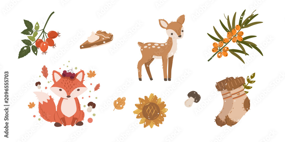 Fototapeta premium Cute Autumn Woodland Clipart Set | Fox, Deer, Sunflower & Forest Fall Elements