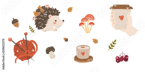 Cute Autumn Clipart Set | Cozy Fall Elements Collection | Hedgehog, Mushrooms, Coffee & Woodland Vector