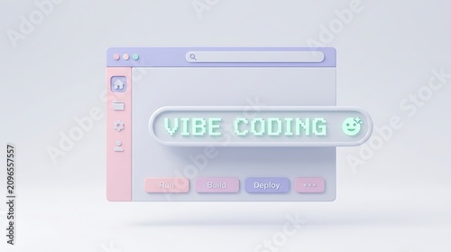Vibe Coding, a pastel 3D browser window with glowing text, modern web development concept, creative programming interface, digital design element for tech and software projects