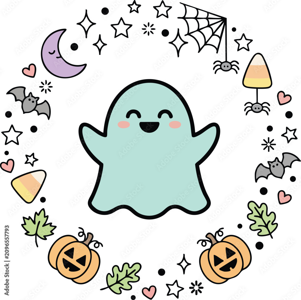 Fototapeta premium Cute cartoon ghost surrounded by a circular wreath of halloween including pumpkins, bats, candy corn, spider webs, and stars in color