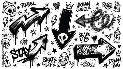 Street graffiti set with urban stickers featuring skull heads dripping arrows spray paint cans and skate life typography isolated on white background graphics.