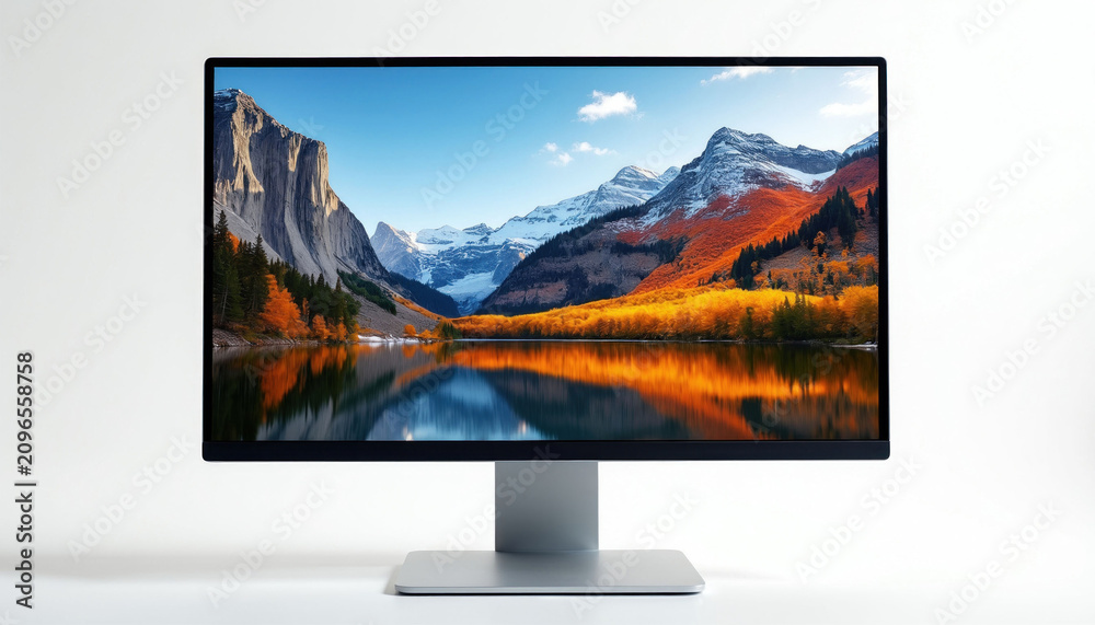 Fototapeta premium Modern silver desktop computer monitor stands on plain white background. Wide screen displays colorful mountain landscape with lake reflection. Professional display hardware for digital work office