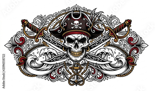 Bild auf Leinwand Pirate Skull Tattoo Vector Illustration Vintage Nautical Design