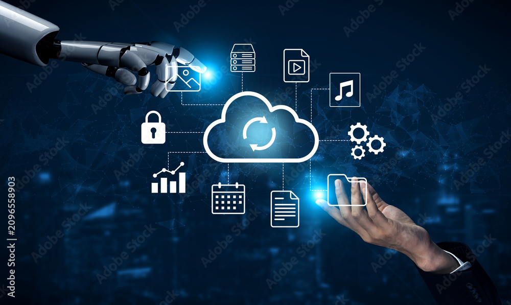 Naklejka premium A striking representation of human and robotic collaboration in cloud computing. The image showcases digital icons relating to data, security, and technology use. Gantry