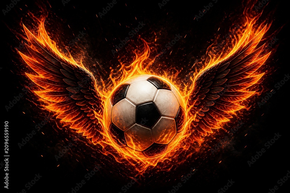 Fototapeta premium Soccer ball with fiery wings against dark smoky background