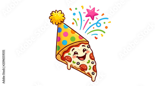 Cartoon pizza slice character wearing a colorful polka dot party hat with confetti and stars celebrating a festive food occasion on white background