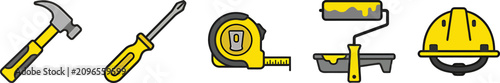 Set of construction and renovation tools including hammer screwdriver tape measure paint roller and safety helmet vector