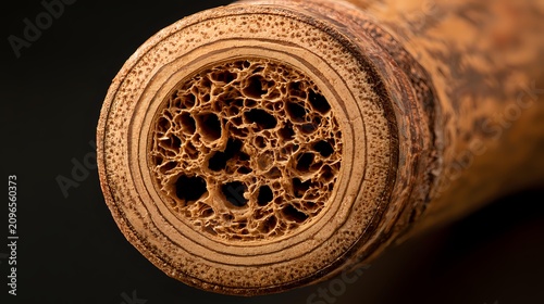 Cross section of bamboo revealing intricate vascular channels and concentric growth layers photographed under soft studio lighting premium sustainable material concept