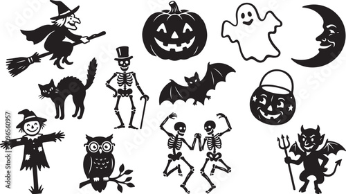 Cuadro en lienzo Halloween black silhouettes featuring a witch on a broom, jack-o-lantern, ghost,