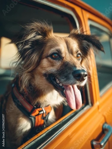 Dog enjoys ride in orange car with window open on a sunny day in the city