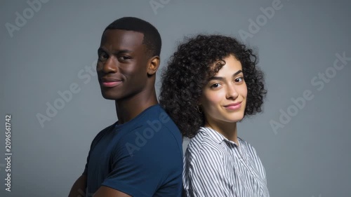 Couple stands back to back while smiling for a studio photo shoot in a plain background