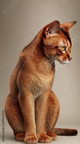 Cat sits calmly on a plain background and looks directly at the camera while displaying a relaxed demeanor and attentive eyes