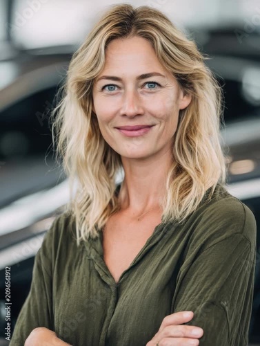 Happy woman working at a car dealership talks to customers and promotes various car models during busy afternoon hours