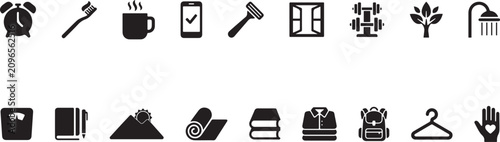 Morning routine, waking-up rituals, and personal hygiene vector icon set. Healthy lifestyle and daily planning symbols.