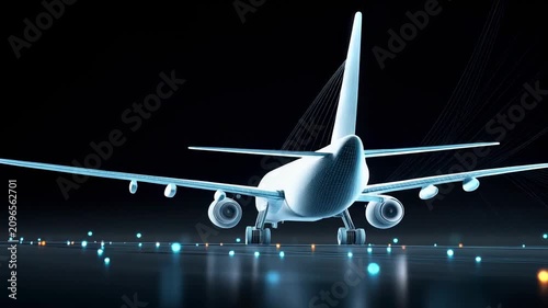 3D model of an airplane showing detailed design in a digital environment at night with lights and waves