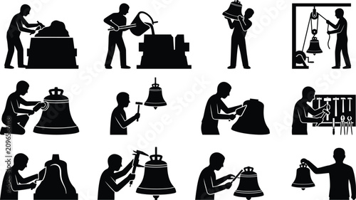 Bild auf Leinwand Bell foundry workers silhouettes on a white background