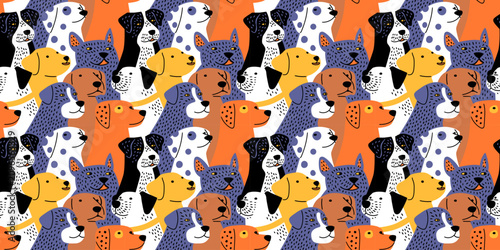 Funny dog animal crowd cartoon seamless pattern in flat illustration style. Cute puppy pet group background, diverse domestic dogs breed wallpaper.