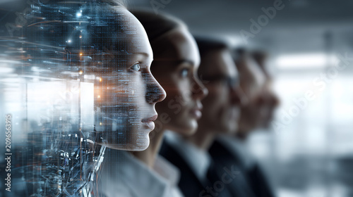 Robot face merging with human profiles in a line, showing AI leadership and human technology integration in a corporate setting
