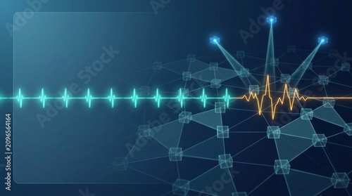 Enterprise network anomaly monitoring background with teal signal pulses, amber irregular waveform and three sensor beams, wide copy space for technology banner