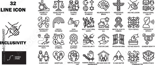 Set of 32 inclusivity line icons. Diverse social equality symbols for modern web design projects