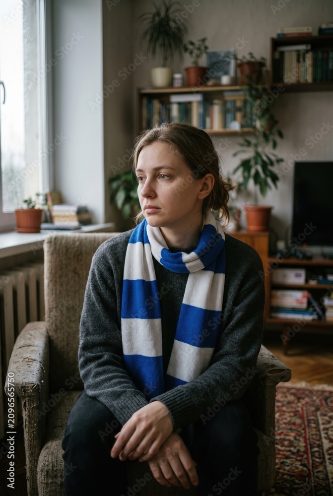 Fototapeta premium Young woman in blue and white scarf sitting quietly in cozy living room